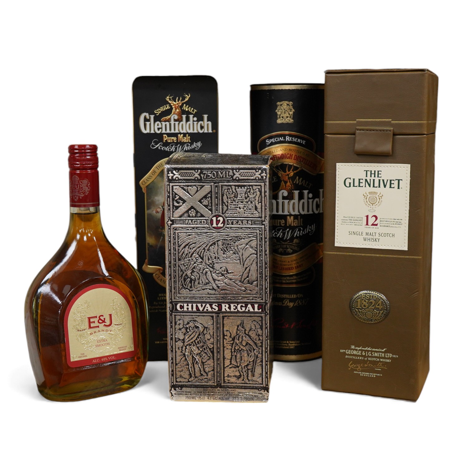 Four bottles of Whisky to include The Glenlivet 12 years aged single malt and two bottles of Glenfiddich, together with a bottle of brandy